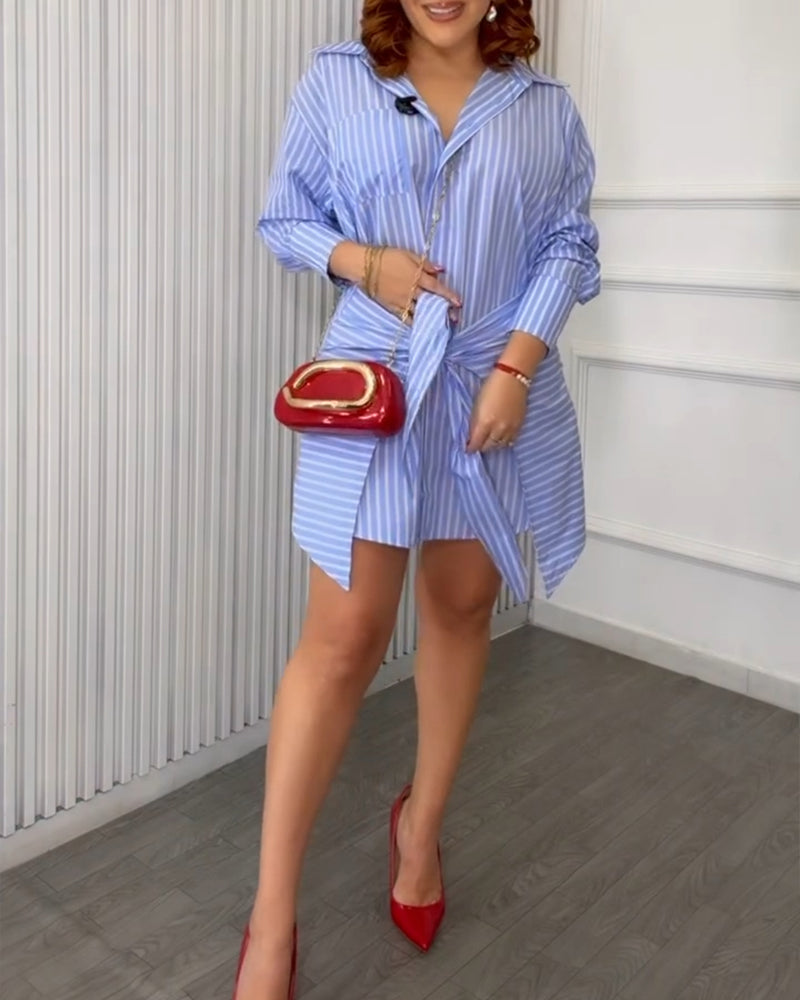 Women's Striped Button Down Shirt Dress Tie Front Wrap Asymmetric Hem Long Sleeve Casual Dress - Image 3