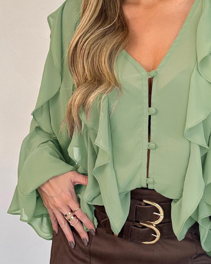 V Neck Shoulder Ruffles Design Blouse Casual Button Front Long Sleeve Top - Image 11