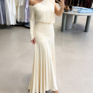 Women's One Shoulder Ruched Maxi Dress Gold Buckle Long Sleeve Evening Gown with Thumb Hole Cuffs