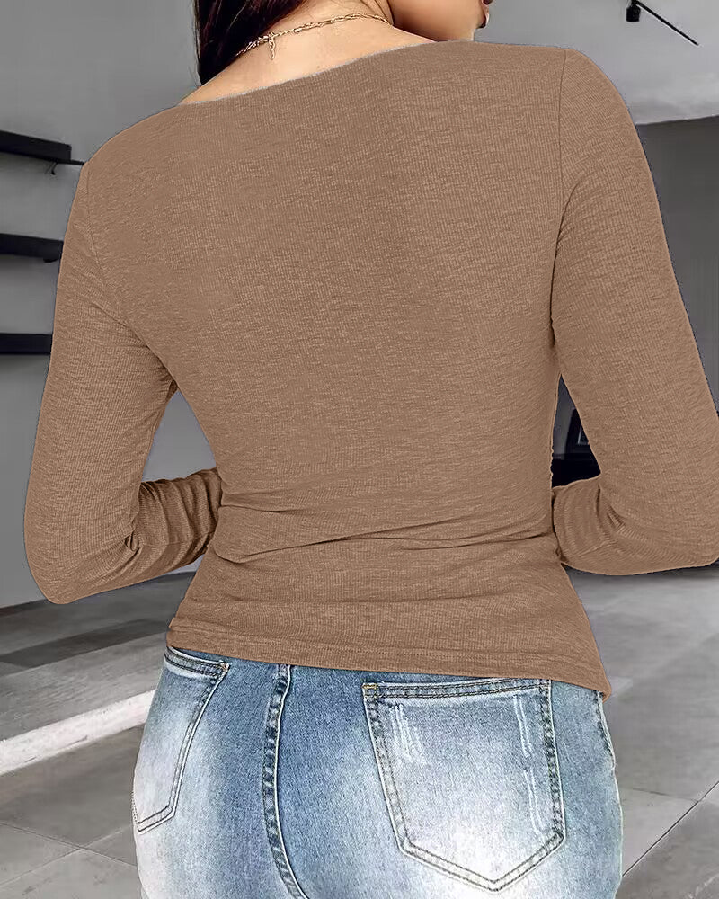 Chicme Built In Bra Notch Neck Long Sleeve Shirts Rib Knit Ruched Waist Top - Image 23
