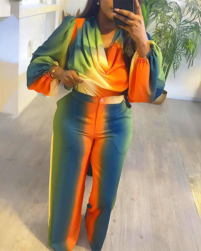2 Pieces Outfit Cowl Neck Puff Sleeve Loose Fit Top and Zipper Fly Elastic Back Waist Wide Leg Pants Set Casual Tie Dye Print Set - Image 6
