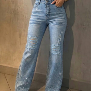 Women's Rhinestone Flare Jeans High Waisted Distressed Ripped Jeans Y2K Retro Streetwear Denim Pants