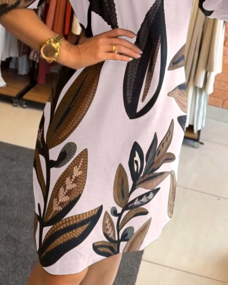 Plants Print Round Neck Half Sleeve Midi Dress - Image 20