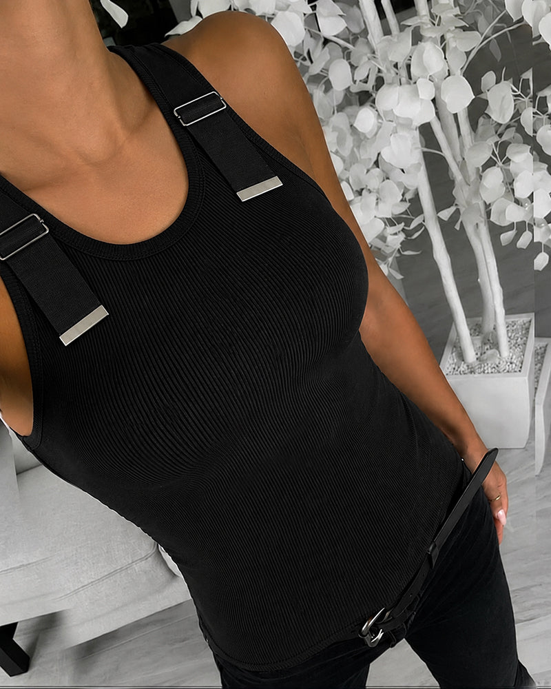Women's Ribbed Knit Tank Top Adjustable Buckle Strap Side Ruched Knit Top Curved Hem Slim Fit Vest - Image 5