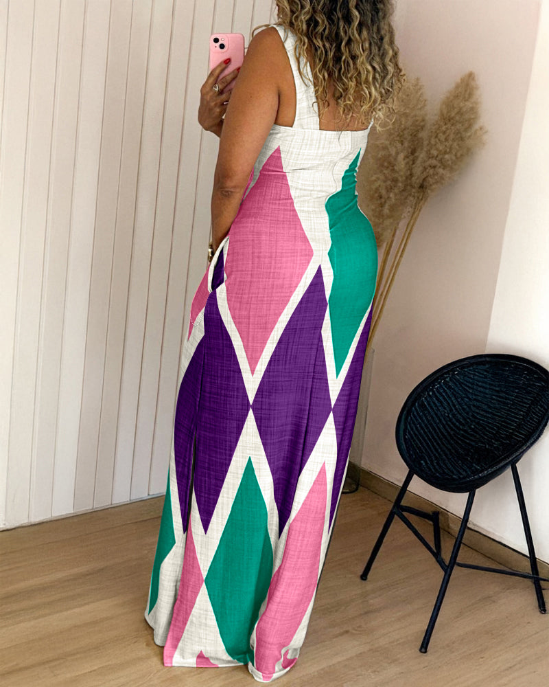 Geometric Print Square Neck Thick Strap Vacation Dress Casual Slim Fit Slit Maxi Dress - Image 18