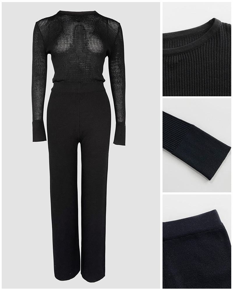 Round Neck Long Sleeve Vertical Pit Texture Top and Casual Wide Leg Pants Set - Image 5