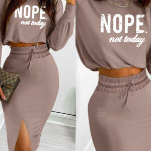 2 Pieces Outfit NOPE. not today Slogan Print Long Sleeve Stretchy Hem Crop Top and High Waist Drawstring Elastic Waist Slit Casual Skirt Set