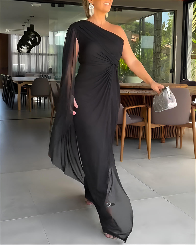 One Shoulder Asymmetrical Mesh Cloak Sleeve Ruched Twist Waist Evening Dress Waist Gathered Slit Party Dress - Image 3