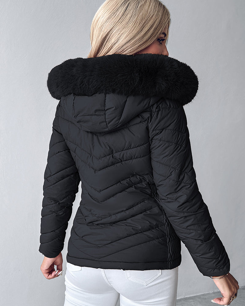 Zipper Pocket Design Shirred Fuzzy Trim Fleece Lined Hooded Puffer Jacket - Image 29