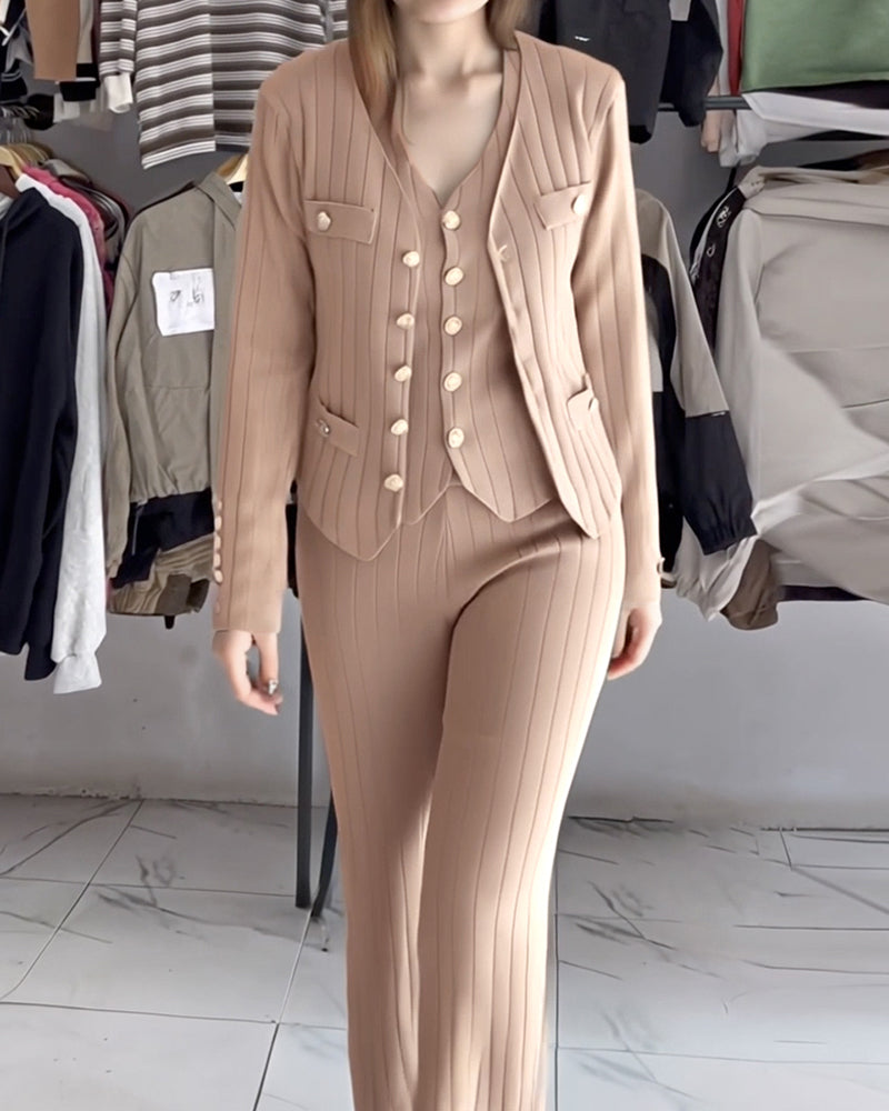 3 Pcs Outfits V Neck Long Sleeve Knit Coat with Metal Button Detail Tank Top Casual Long Pants Knit Sets - Image 7