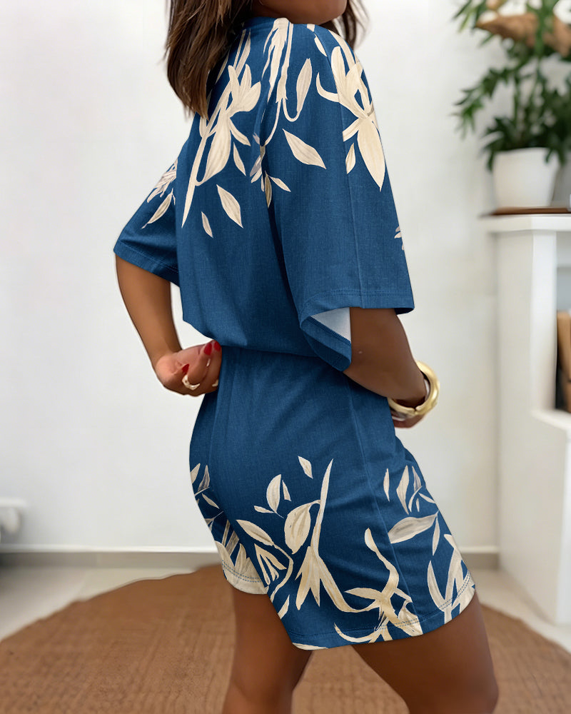 Women's Tropical Plant Print Romper Casual V-Neck Wrap Knot Side Skorts Romper Batwing Sleeve Short Jumpsuit - Image 2