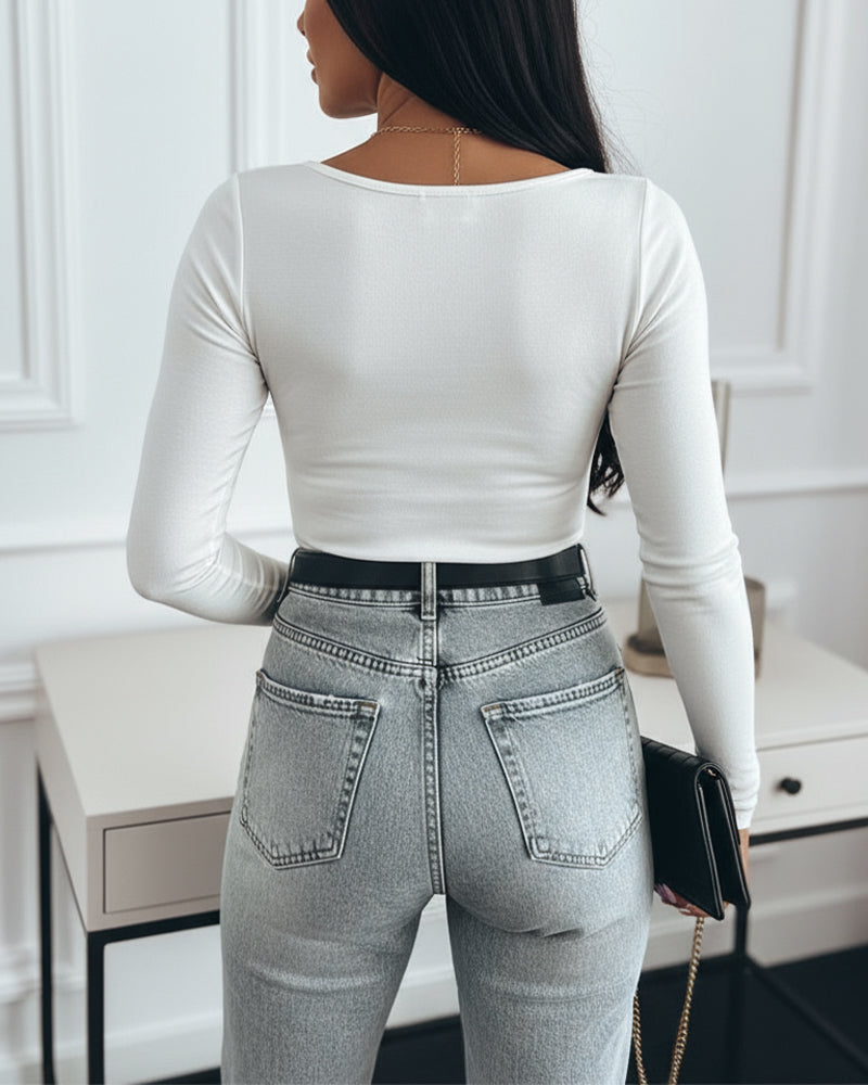 Metal Decor V-Neck Long Sleeve Sexy Hollow-out Slim Fit Top - Image 2