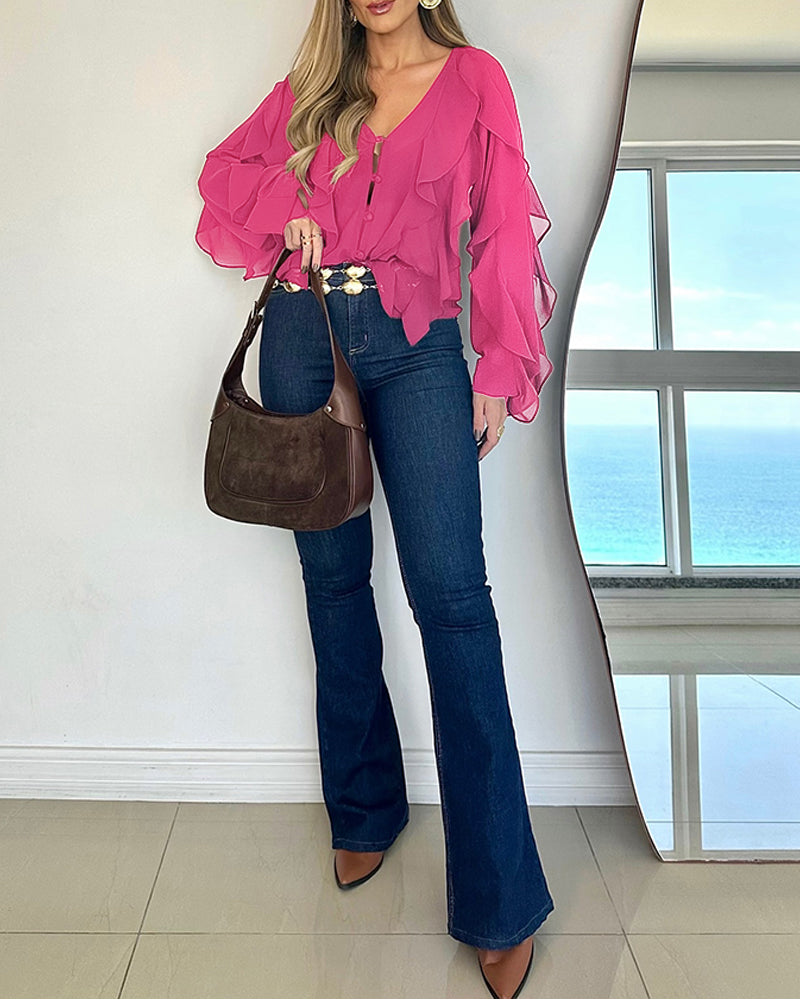 V Neck Shoulder Ruffles Design Blouse Casual Button Front Long Sleeve Top - Image 17