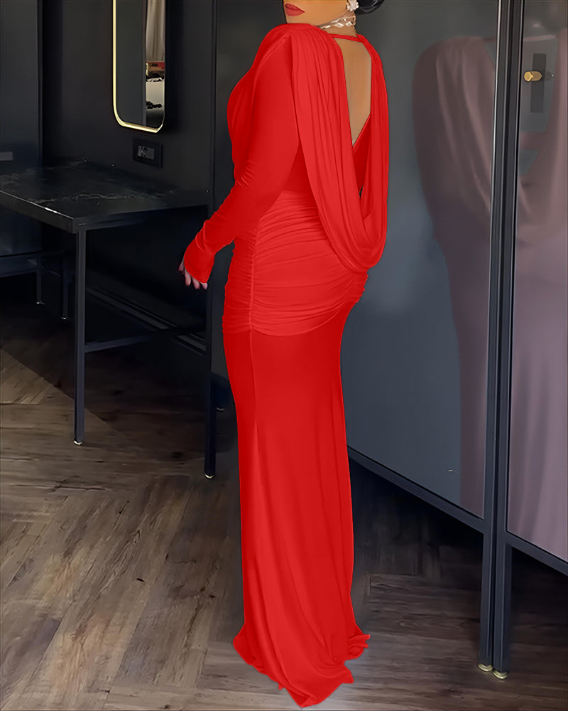 Cowl Neck Ruched Zipper Back Slim Fit Maxi Dress Casual Padded Shoulders Backless Evening Dress - Image 9