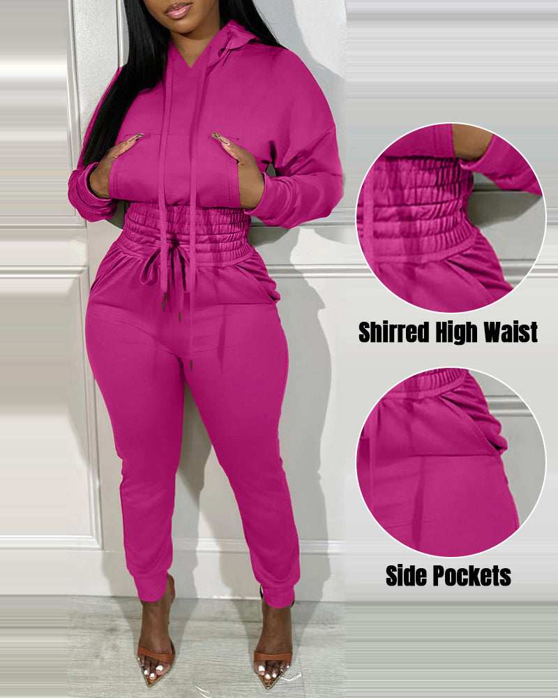2 Pieces Outfit Drop Shoulder Kangaroo Pocket Stretchy Hem Crop Drawstring Hoodie Sweatshirt And Drawstring Elastic Waist Jogger Sweatpants Casual Tracksuit - Image 8