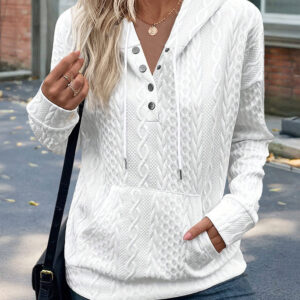 Long Sleeve Half Snap Buttons Front Drawstring Hoodie Sweatshirt Casual Kangaroo Pocket Drop Shoulder Cable Textured Top