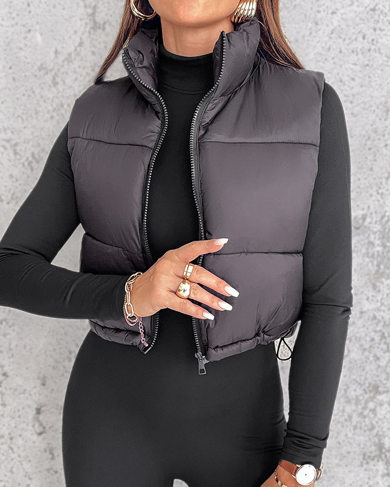 Stand Collar Zip Up Lightweight Cropped Puffer Vest Sleeveless Drawstring Hem Padded Coat - Image 11