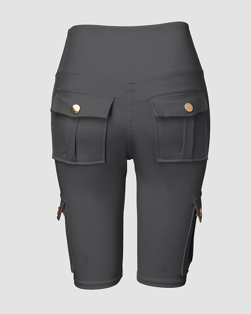 Tummy Control Butt Lifting Active Shorts High Waist Flap Pocket Workout Bermuda Cargo Running Shorts - Image 12