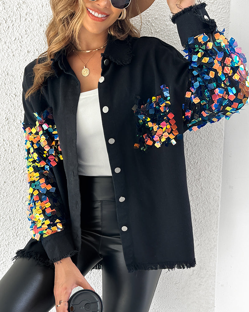 Contrast Sequin Long Sleeve Jacket Top Button Front Raw Hem Loose Fit Shacket - Image 19