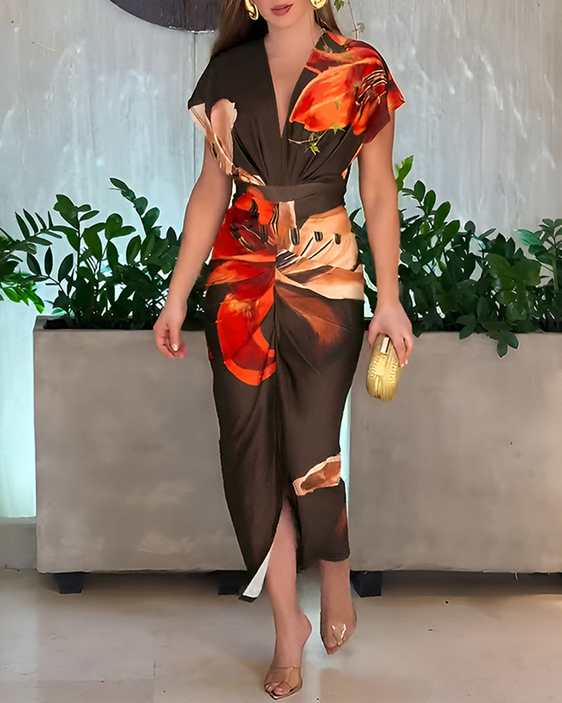 Floral Placement Print Deep V-Neck Front Slit Dress Ruched Slim Fit Vacation Dress - Image 5