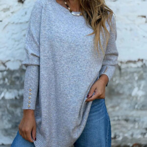 Women's Oversized Sweater Button Decor Crewneck Curved Hem Dropped Shoulder Loose Soft Pullover