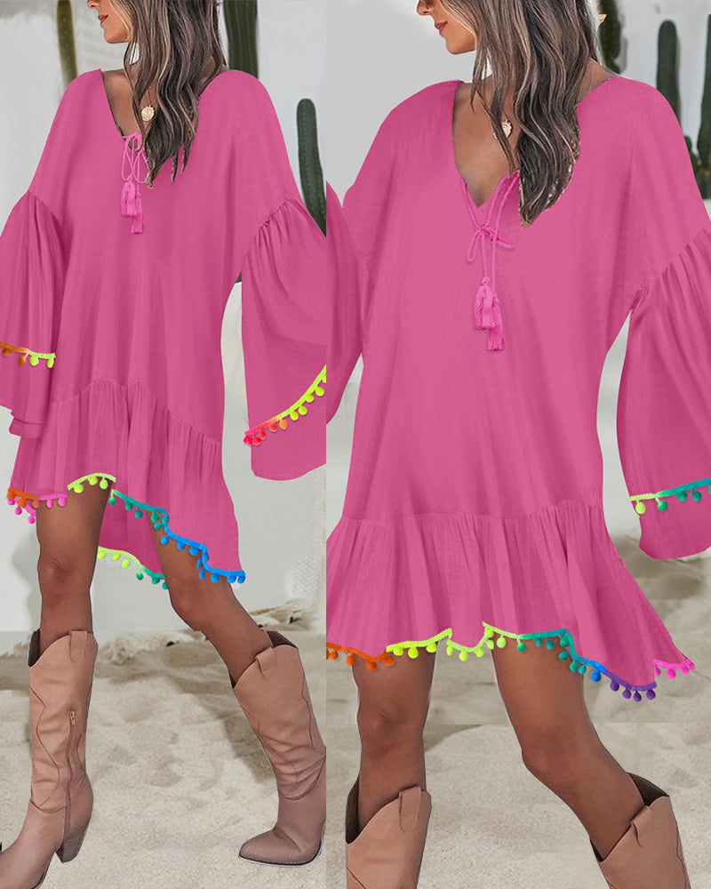 Colorblock V-Neck Bell Sleeve A Line Tassel Mini Dress Vacation Dress - Image 17