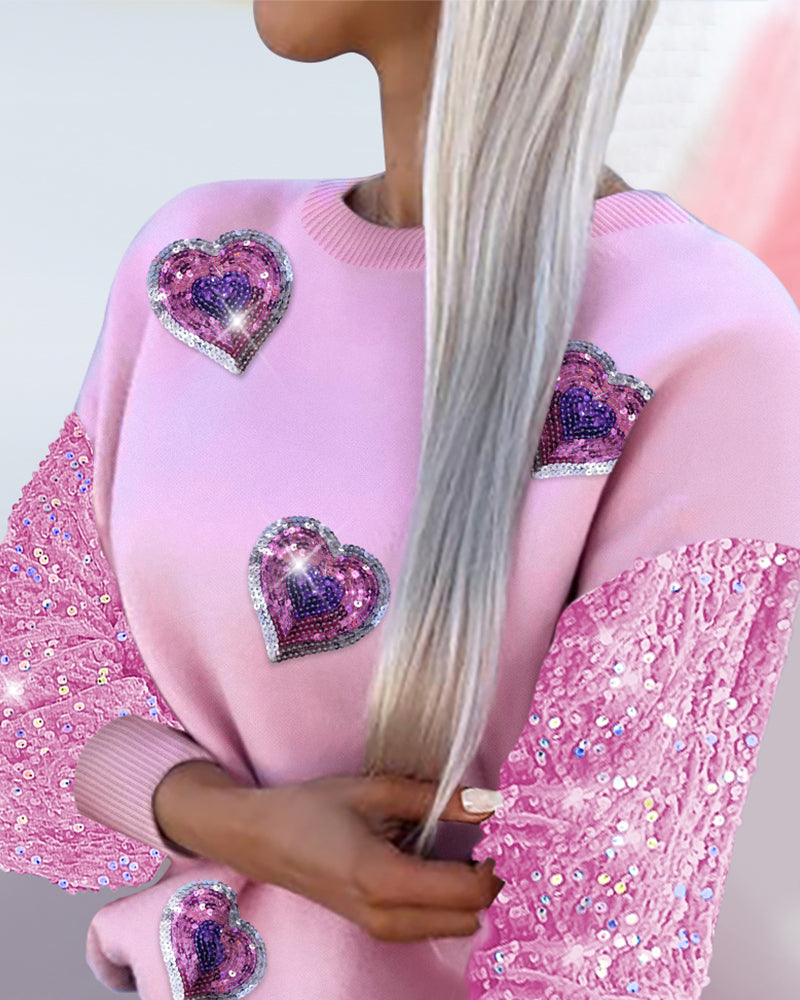 Heart Pattern Contrast Sequin O-Neck Long Sleeve Sweet Pullover Top - Image 3
