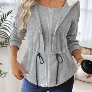 Women's Hooded Drawstring Waist Jacket Casual Zip Up Curved Hem Coat