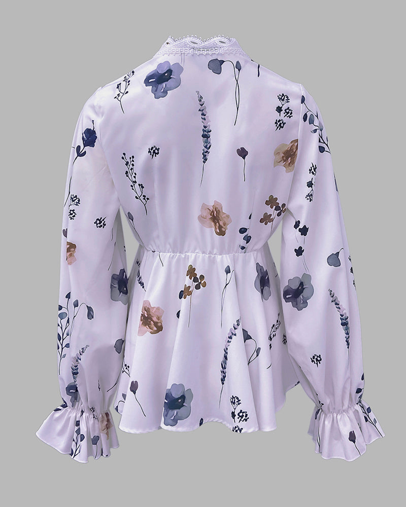 Floral Print Deep V-Neck Lantern Sleeve Casual Contrast Lace Tied Detail Blouse - Image 5