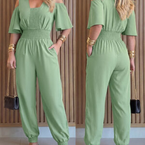 Women's Cold Shoulder Jumpsuit Casual High Waist Shirred Cuffed Overalls with Pockets
