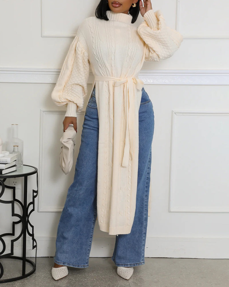 Cable Textured High Neck Lantern Sleeve Bow Tie Waist Sweater Casual High Slit Knit Longline Top - Image 19