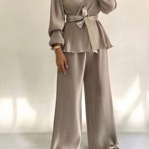 2 Pieces Outfit Overlap V-Neck Lantern Sleeve Tie Waist Ruffle Hem Top and Elastic Waist Wide Leg Pants Set Vintage Frill Hem Satin Pleated Commuting Set