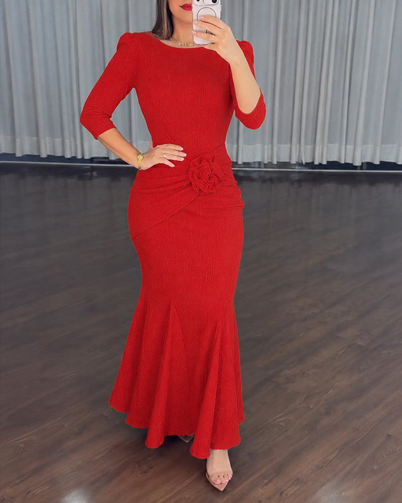 Women's 3D Floral Twist Mermaid Maxi Evening Gown Elegant Three Quarters Sleeve Bodycon Party Dress - Image 7