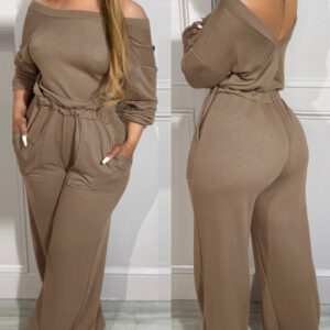 Off Shoulder V Back Elastic Waist Pockets Design Jumpsuit Casual Drop Shoulder Cinched Waist Wide Leg Jumpsuit