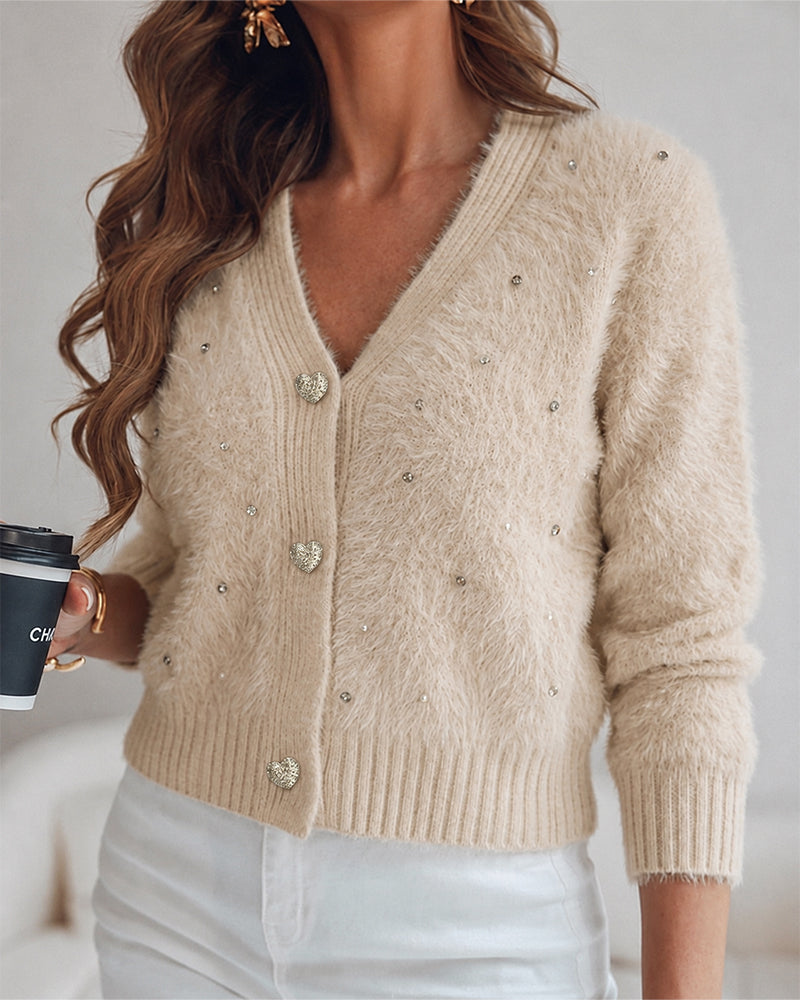 Women's Faux Mink Fur Knit Cardigan Elegant Pearl Rhinestone V Neck Sweater Crop Single Breasted Coat - Image 11