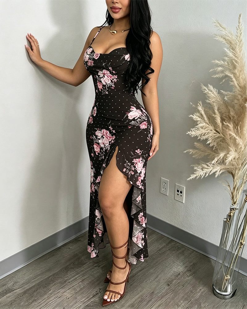 Women's Floral Cowl Neck Cami Midi Dress Casual Rhinestone Mesh Vacation Dress Slit Ruffle Hem Sundress - Image 4