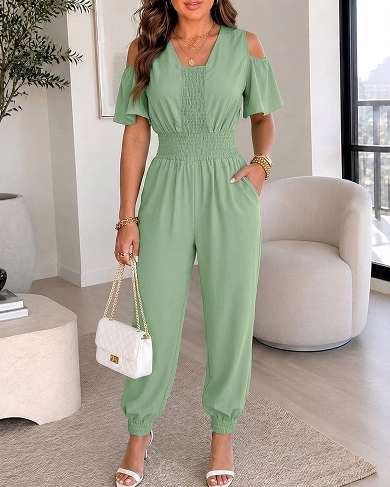Women's Cold Shoulder Jumpsuit Casual High Waist Shirred Cuffed Overalls with Pockets - Image 5