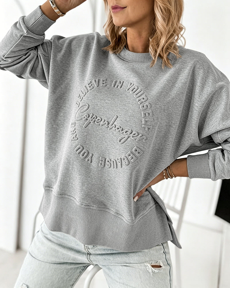 Women's Loose Crewneck Sweatshirt Embossed Letter Print Pullover Top Casual Side Slit Top - Image 27