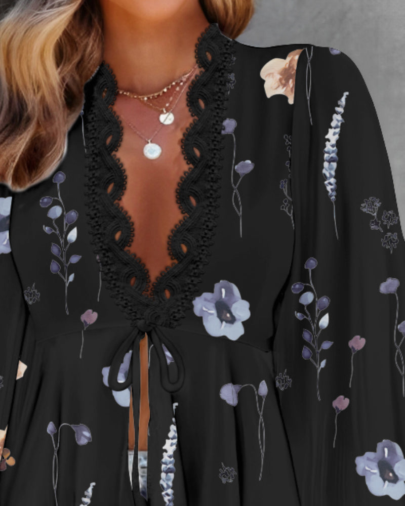 Floral Print Deep V-Neck Lantern Sleeve Casual Contrast Lace Tied Detail Blouse - Image 10