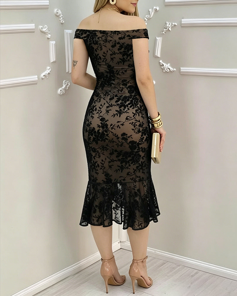 Women's Flock Floral Mesh Dress Off Shoulder Ruffle Hem Bodycon Dress Slit Evening Party Mermaid Gown - Image 2