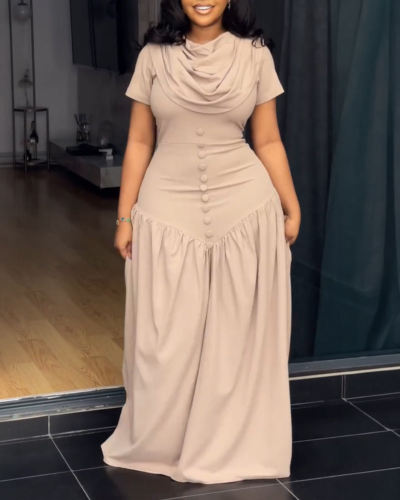 Single Breasted Decor Cowl Neck Short Sleeve Cinched Waist Maxi Dress Elegant Zipper Back Ruched Party Dress - Image 5