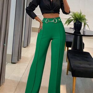 Metal Button Decor High Waist Casual Straight Leg Work Pants
