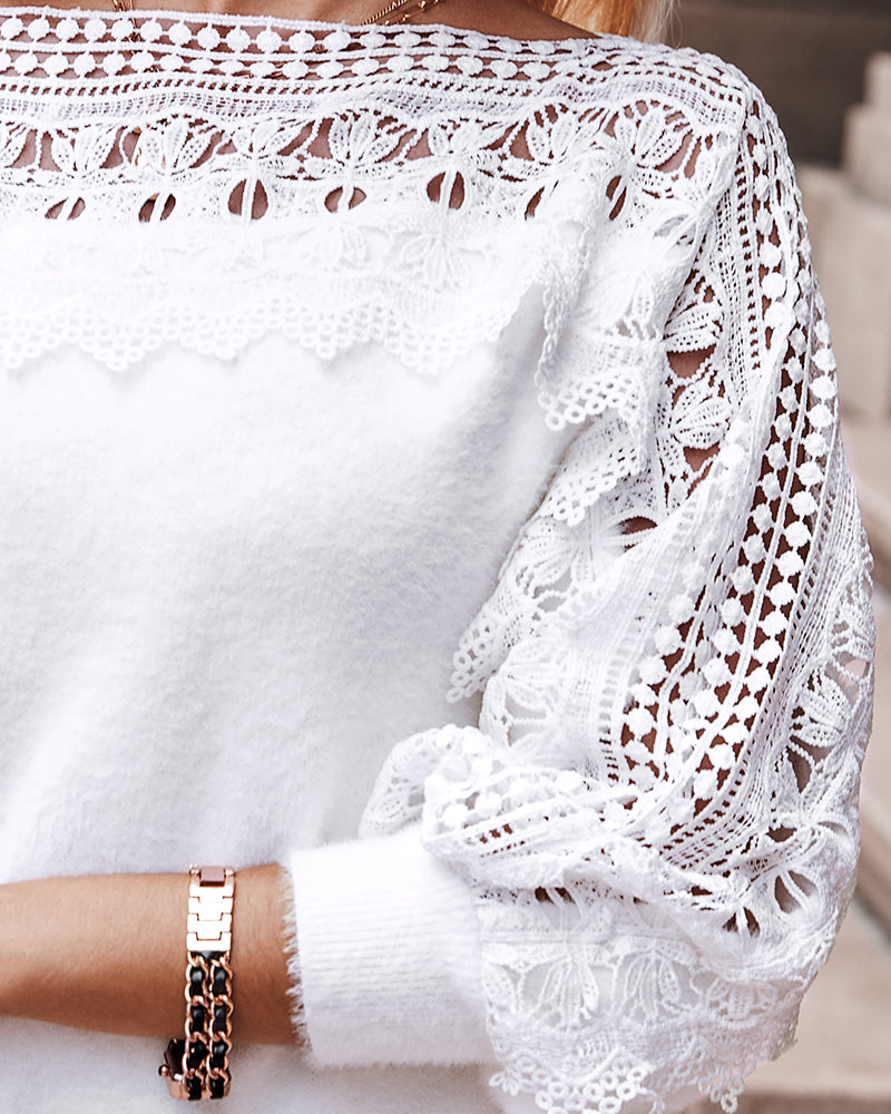 Crewneck Guipure Lace Long Sleeve Hollow Out Knit Sweaters Pullover Tops - Image 12