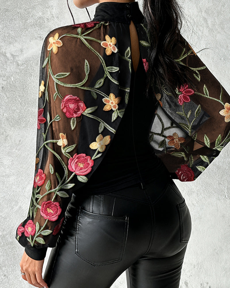 Mock Neck Floral Embroidery Cape-style Mesh Lantern Sleeve Spliced Blouse Ruched Hollow-out Back Slim Fit Top - Image 2