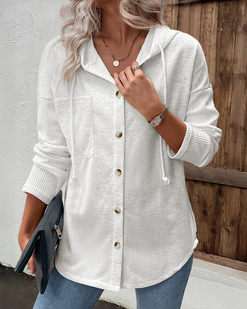 Long Sleeve Knit Ribbed Spliced Button Front Drawstring Hoodie Jacket Casual Drop Shoulder Pocket Design Asymmetrical Hem Coat - Image 7