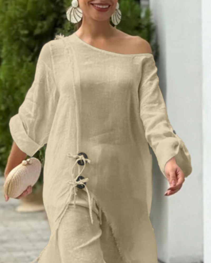 2 Pieces Outfit Button Decor One Shoulder Turn-Up Sleeves Slit Raw Edges Top and Casual Drawstring Elastic Waist Wide Leg Pants Set - Image 11