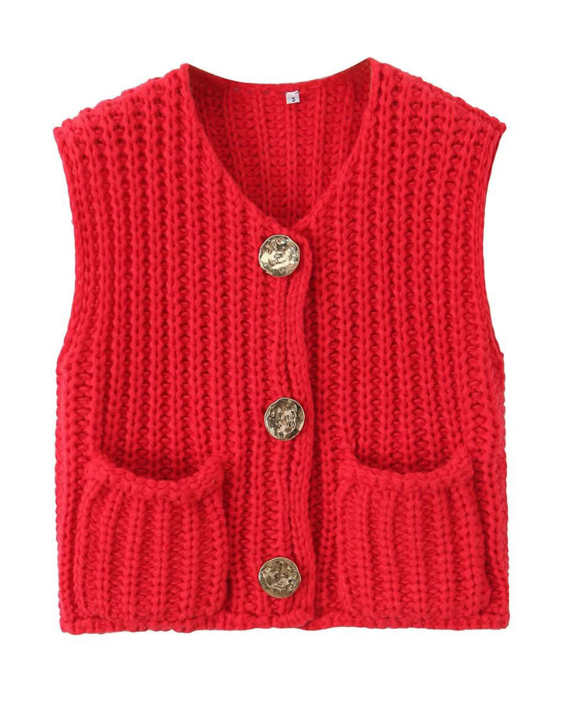 V-Neck Sleeveless Button Front Knit Vest Casual Loose Fit Sweater Top with Pockets - Image 10