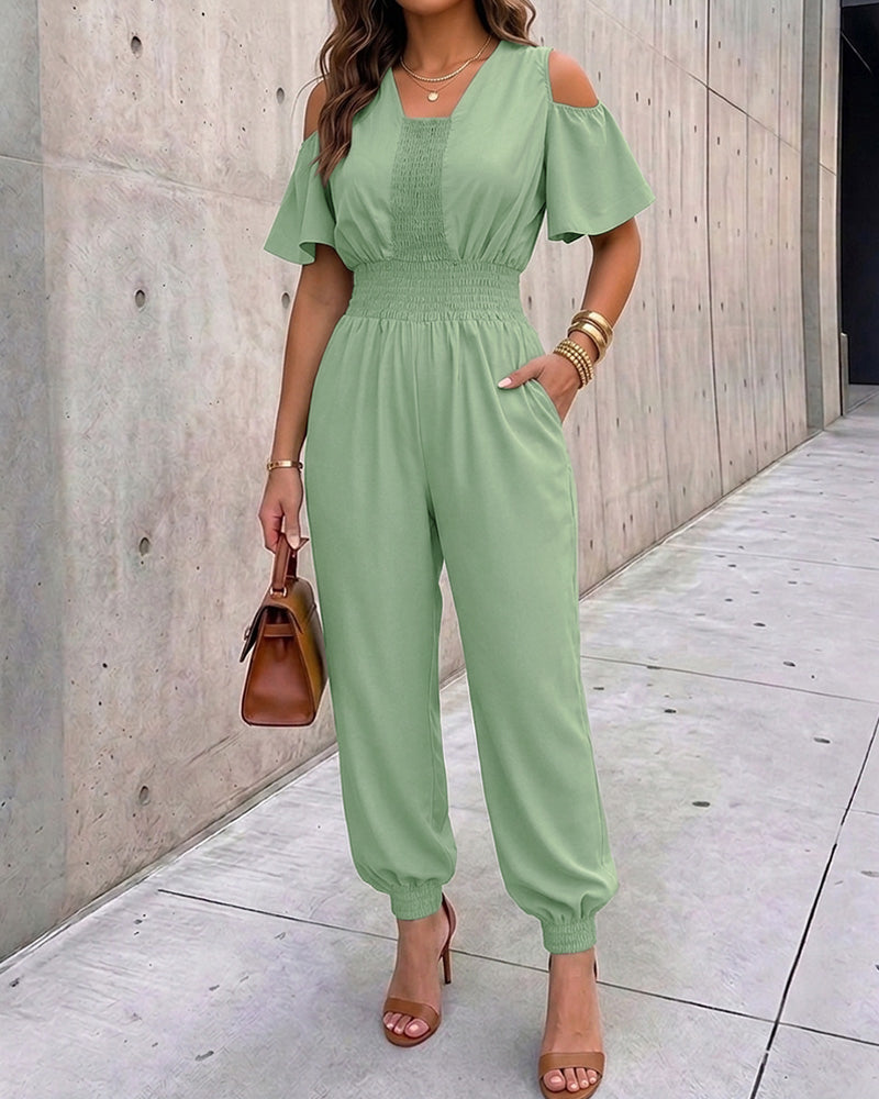 Women's Cold Shoulder Jumpsuit Casual High Waist Shirred Cuffed Overalls with Pockets - Image 6