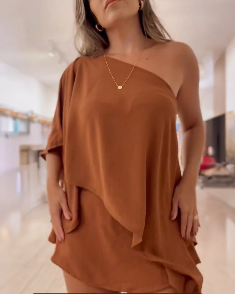3 Pieces Outfit Solid Off Shoulder Split Sleeve Convertible Crop Top and Casual Elastic Waist Skorts Set With Bandeau(Without Belt) - Image 8