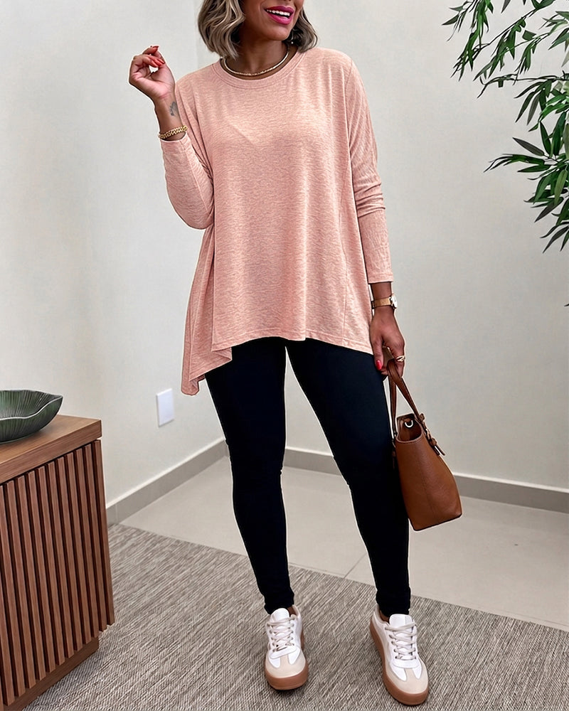 Women's Asymmetric Hem Long Sleeve Top Loose Fit Dropped Shoulder Crewneck Soft Slouchy Casual Tee - Image 8